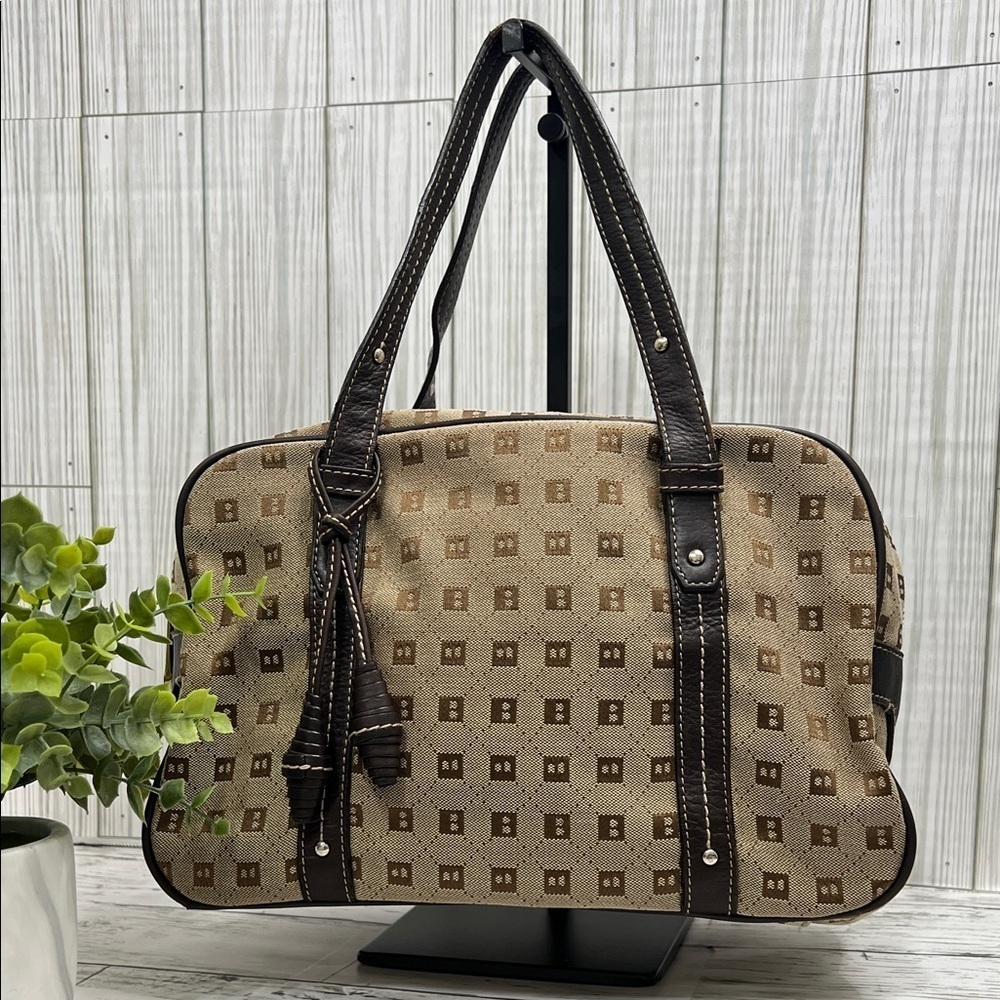 Vintage Bally Monogram Canvas Satchel Bag Brown Leather Trim Top Handle